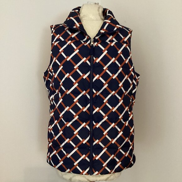 NEW! LANDS' END WOMEN'S DOWN PUFFER VEST NAVY PRINT M OUTDOOR WINTER COZY CASUAL - Picture 1 of 4